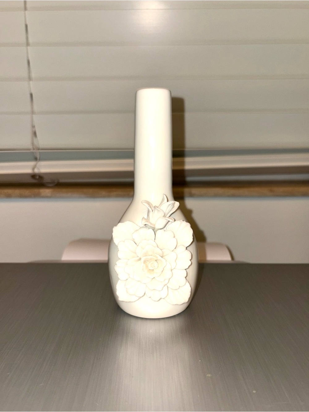 Zay White porcelain Bud Vase with Raised Floral Accent